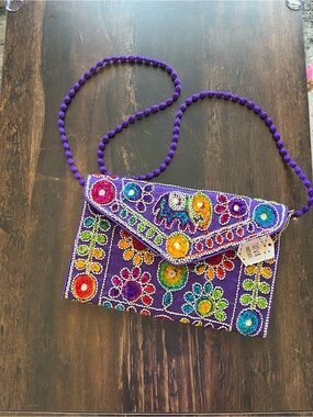 Handcrafted Embroidered Purple Beaded Clutch with Strap